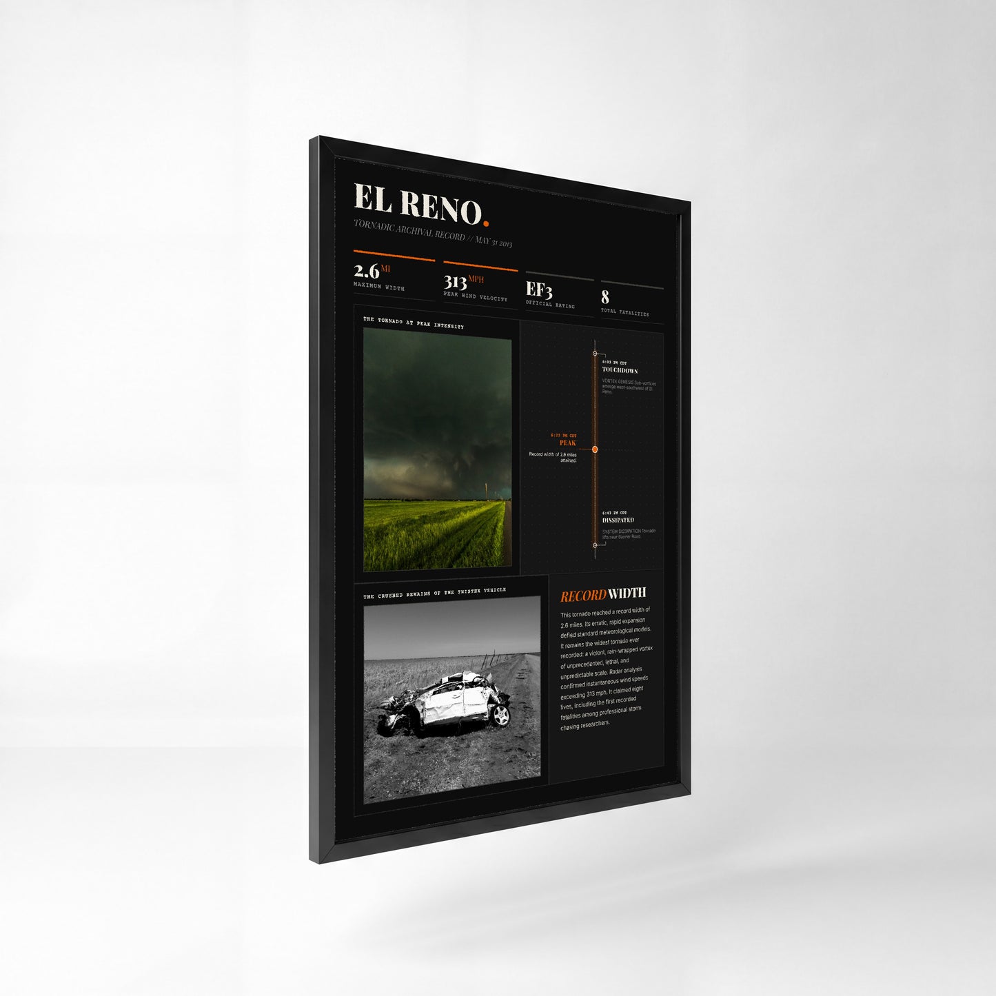 El Reno "Widest" Tornado Print (2013) — 24" x 36" Premium Black Frame Side View (Dark Style)