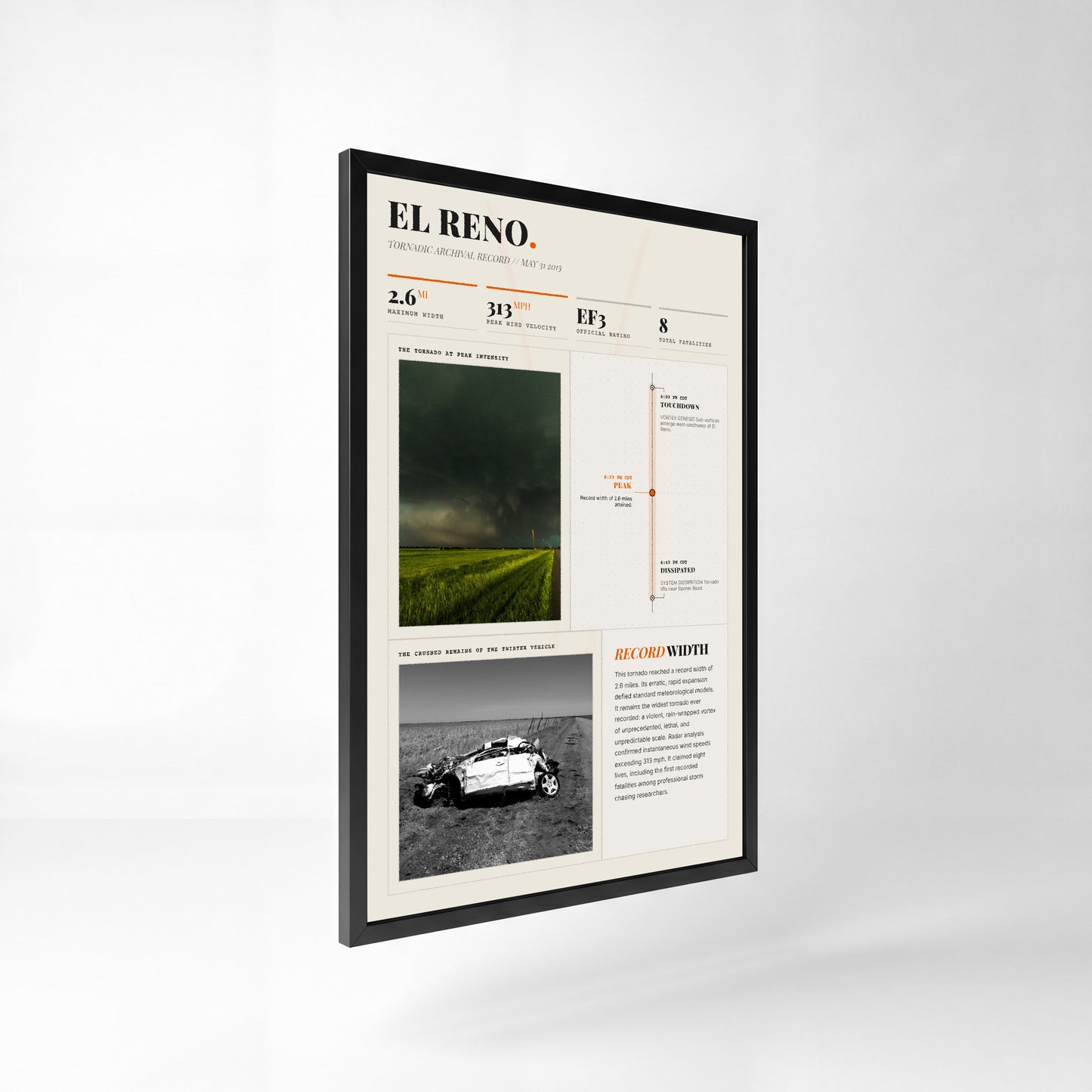 El Reno "Widest" Tornado Print (2013) — 24" x 36" Premium Black Frame Side View (Light Style)