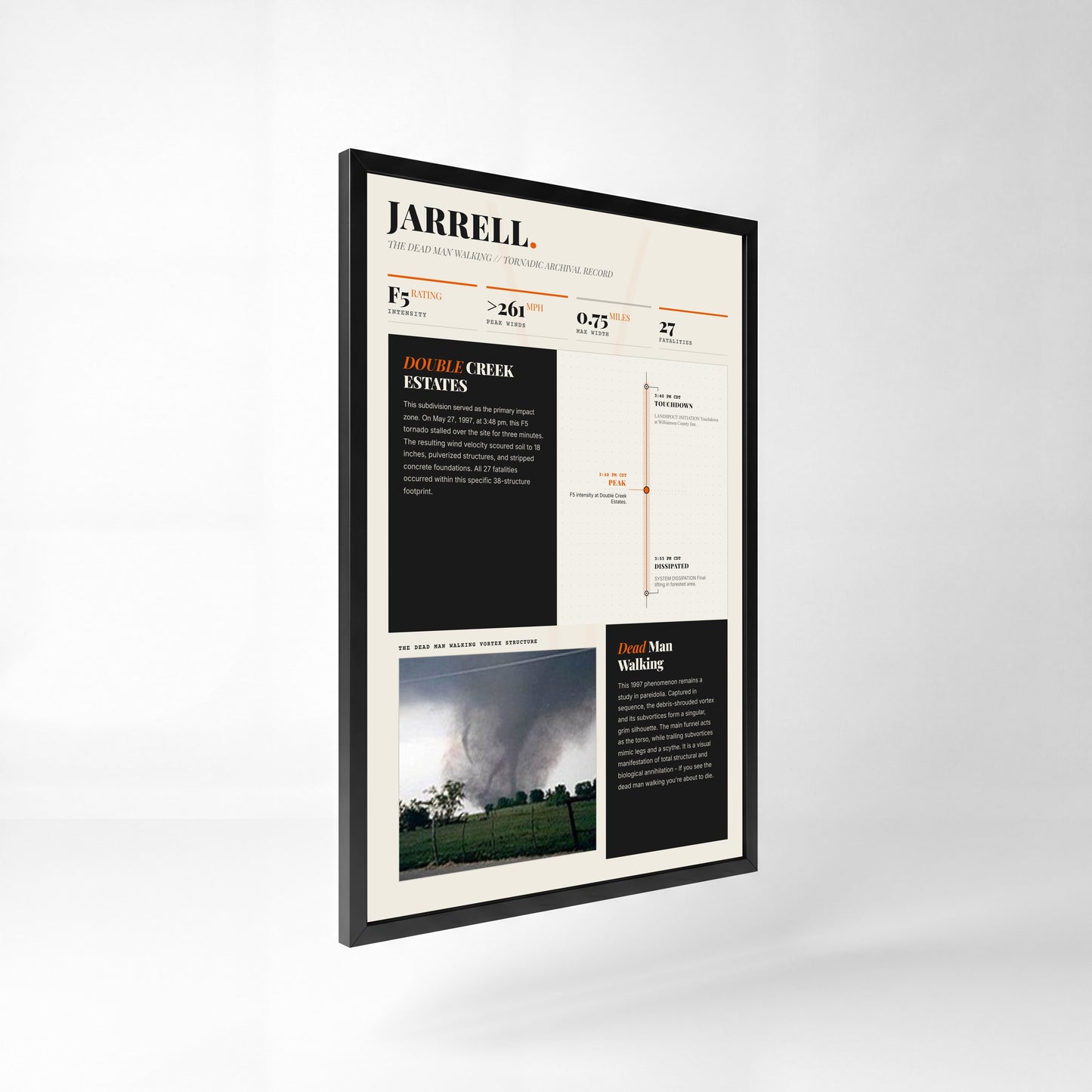Jarrell F5 Tornado Print (1997) — 24" x 36" Premium Black Frame Side View (Light Style)