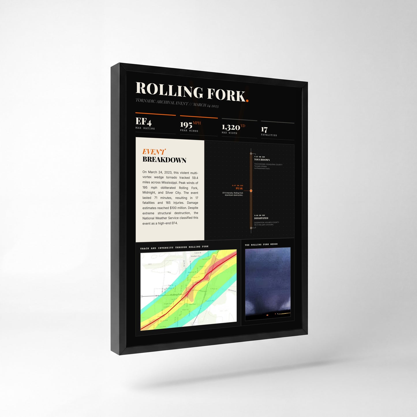 Rolling Fork EF4 Tornado Print (2023) — 18" x 24" Premium Black Frame Side View (Dark Style)