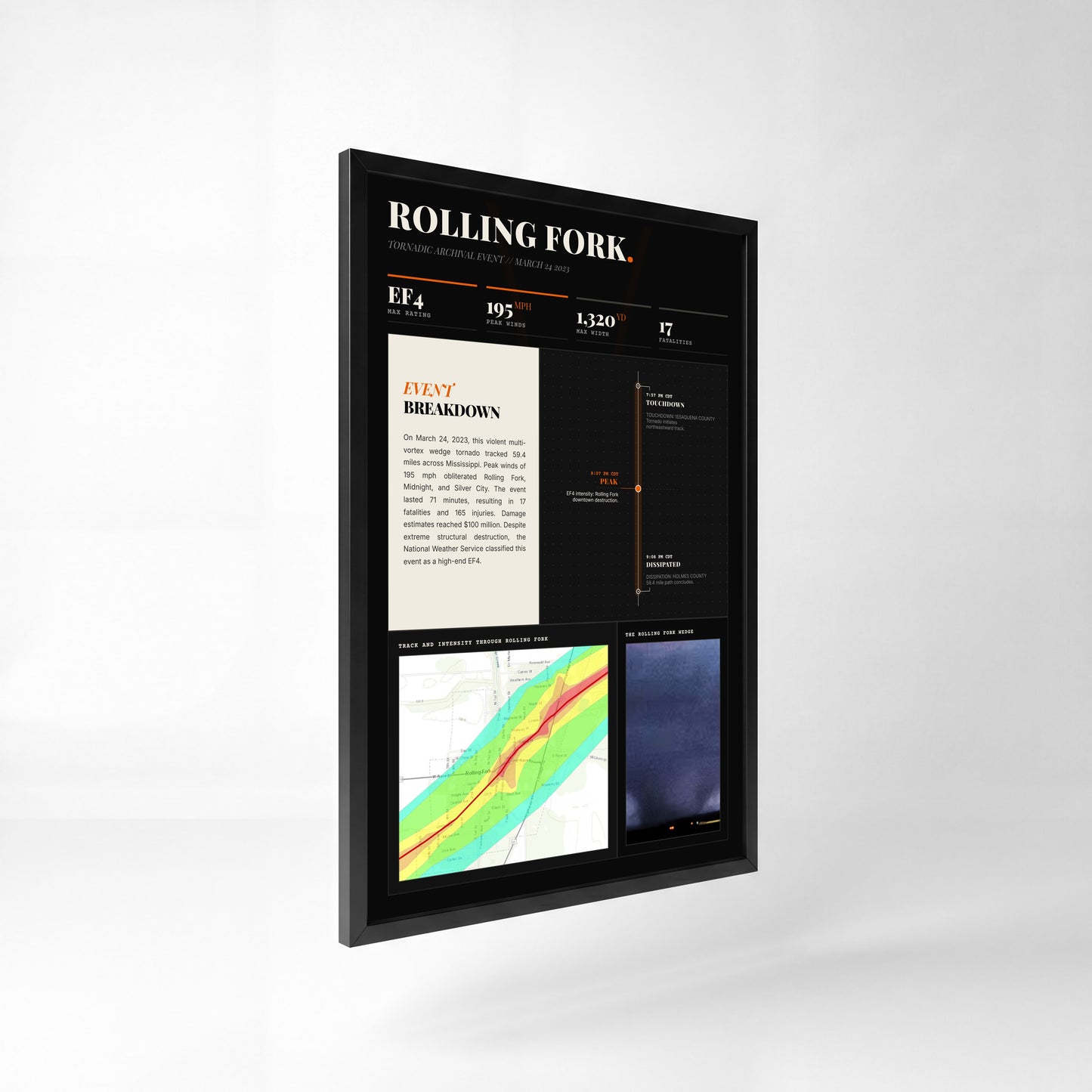 Rolling Fork EF4 Tornado Print (2023) — 24" x 36" Premium Black Frame Side View (Dark Style)
