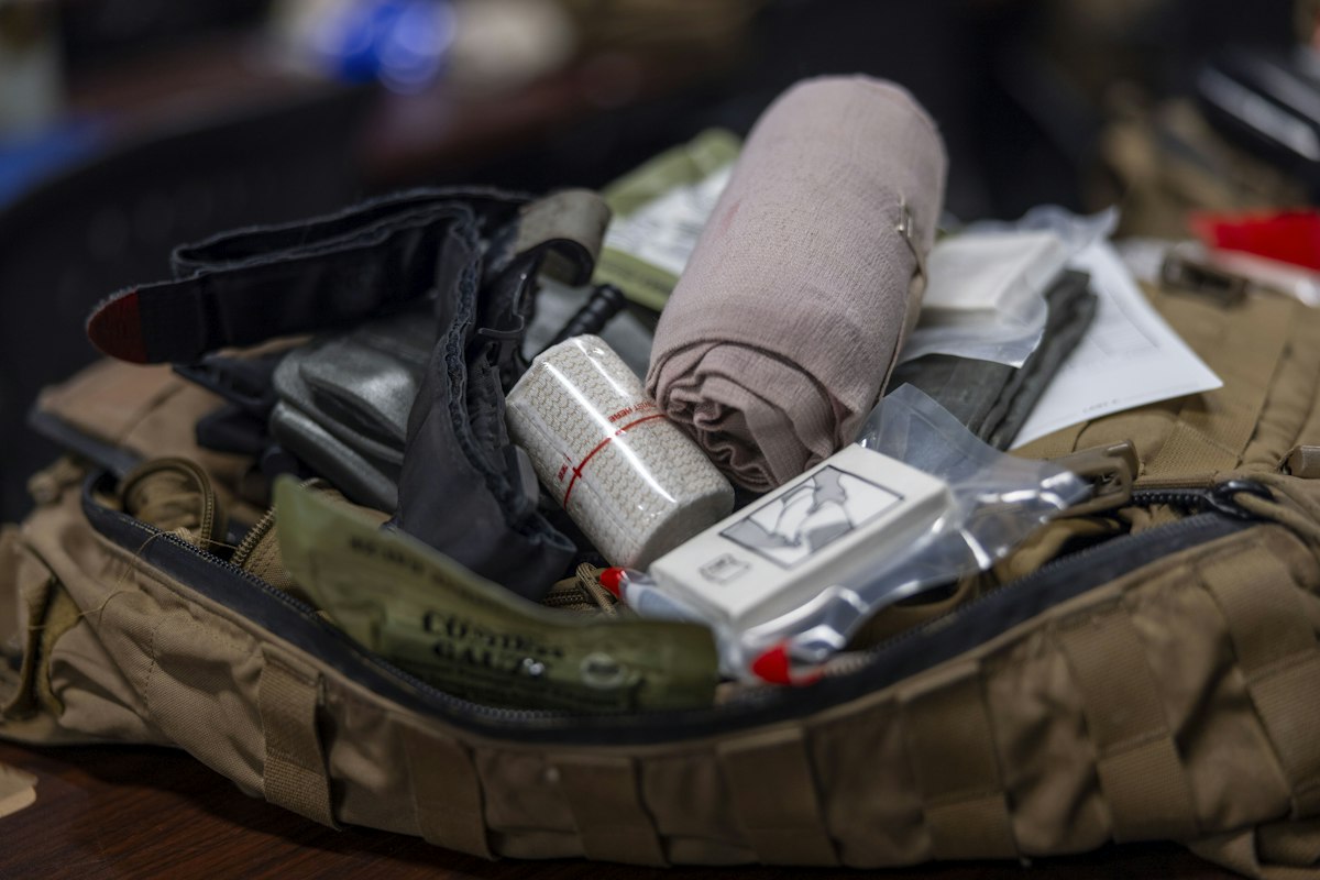 First aid kit contents laid out