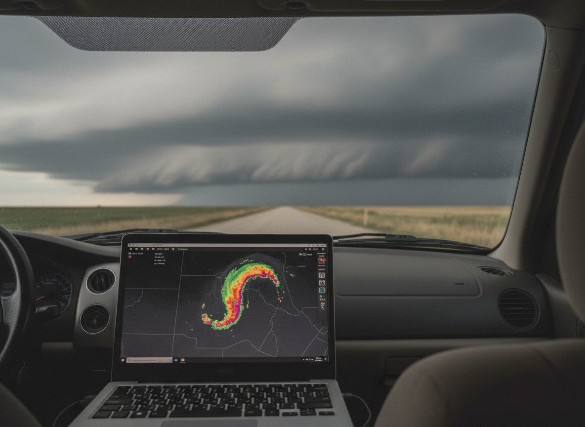 A laptop on a car dashboard showing a radar image of a supercell, with a storm through the windshield