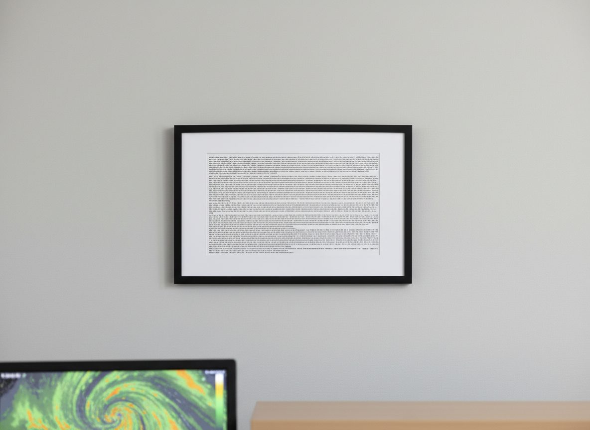 A framed page of typed weather bulletin text on an office wall
