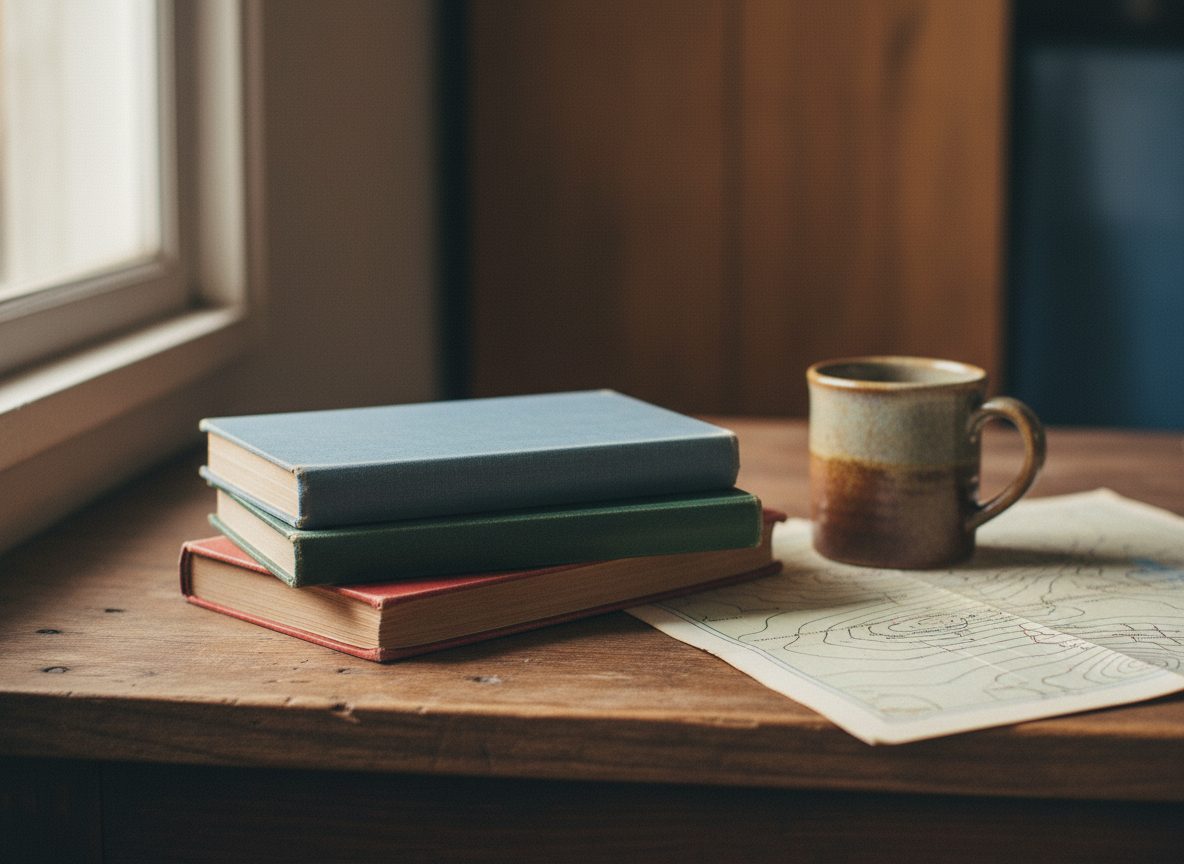 A stack of old hardback books beside a mug and a weather map