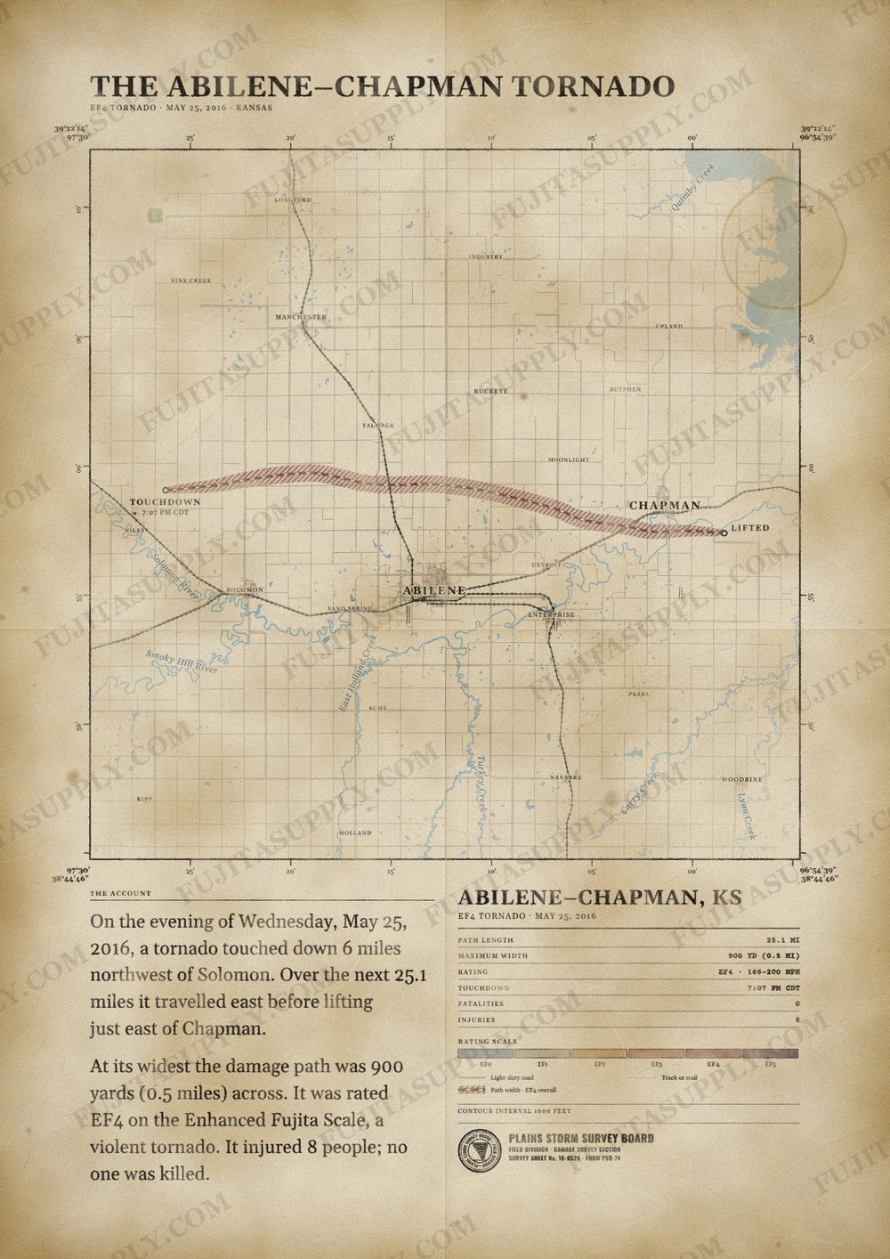 Map of the 2016 Abilene-Chapman tornado path, drawn on a vintage survey sheet