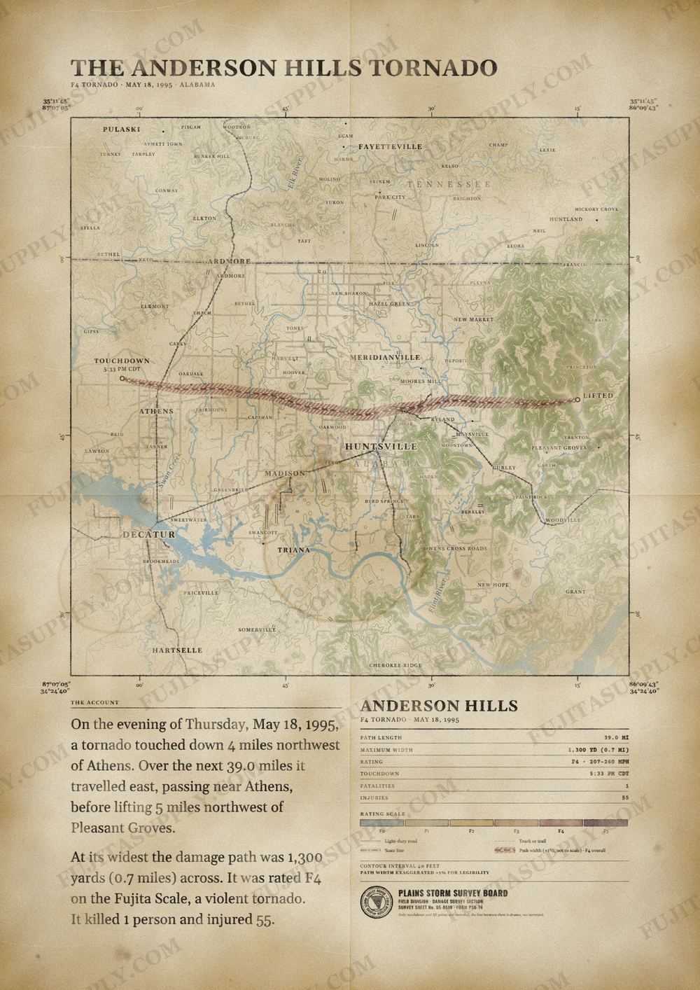 Map of the 1995 Anderson Hills tornado path, drawn on a vintage survey sheet