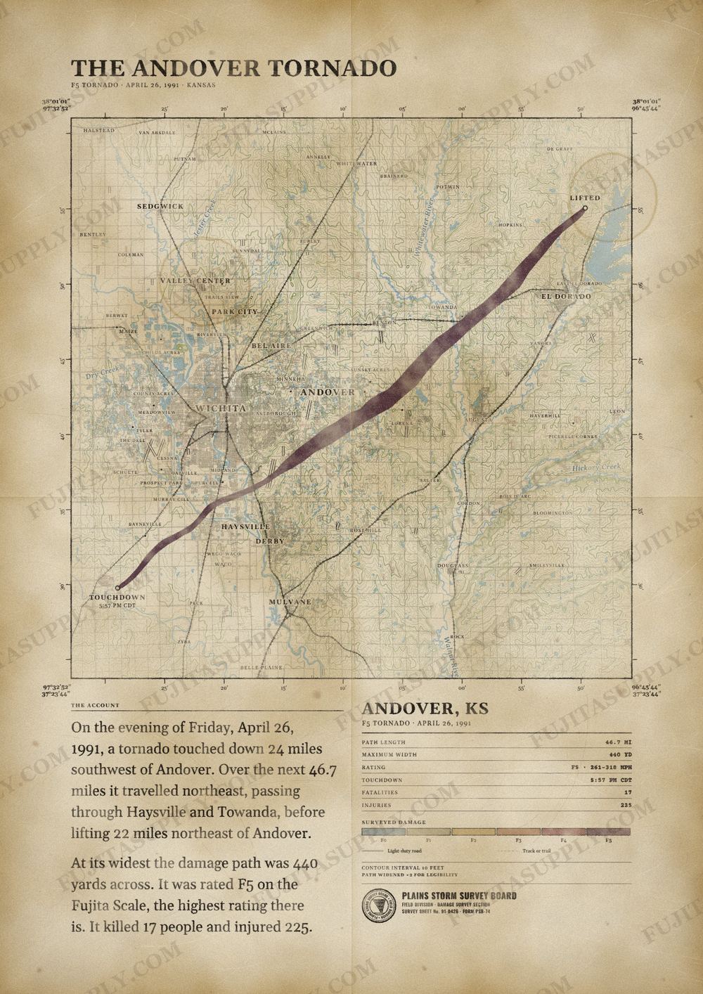 Map of the 1991 Andover tornado path, drawn on a vintage survey sheet