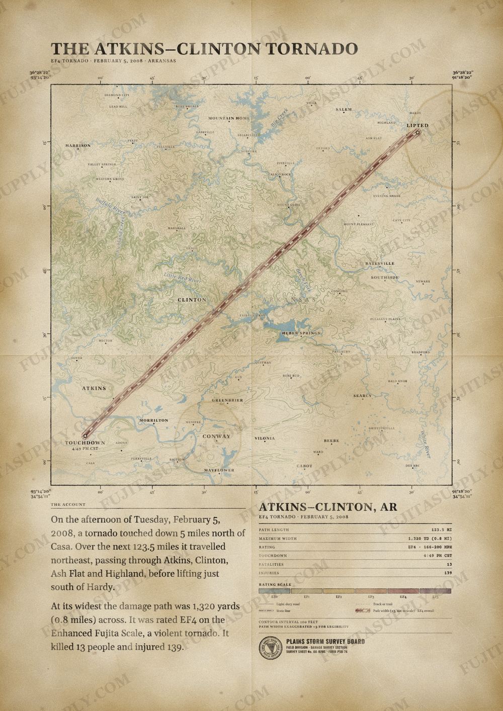 Map of the 2008 Atkins-Clinton tornado path, drawn on a vintage survey sheet