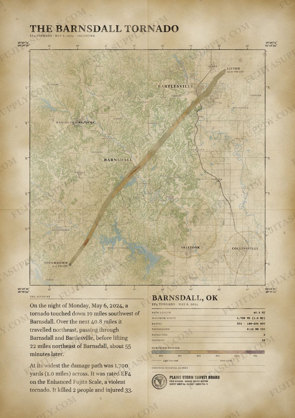 Map of the 2024 Barnsdall tornado path, drawn on a vintage survey sheet