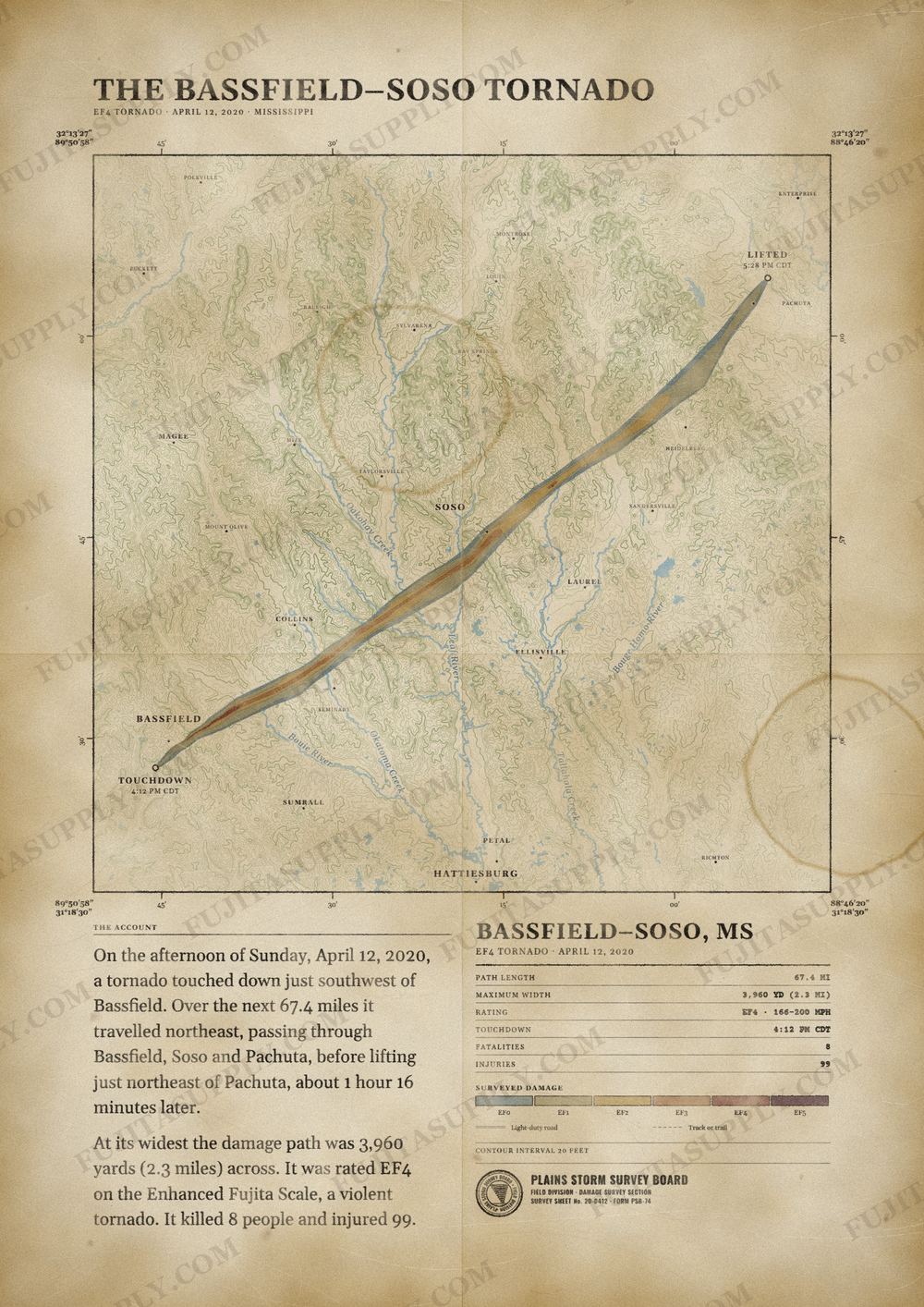 Map of the 2020 Bassfield-Soso tornado path, drawn on a vintage survey sheet