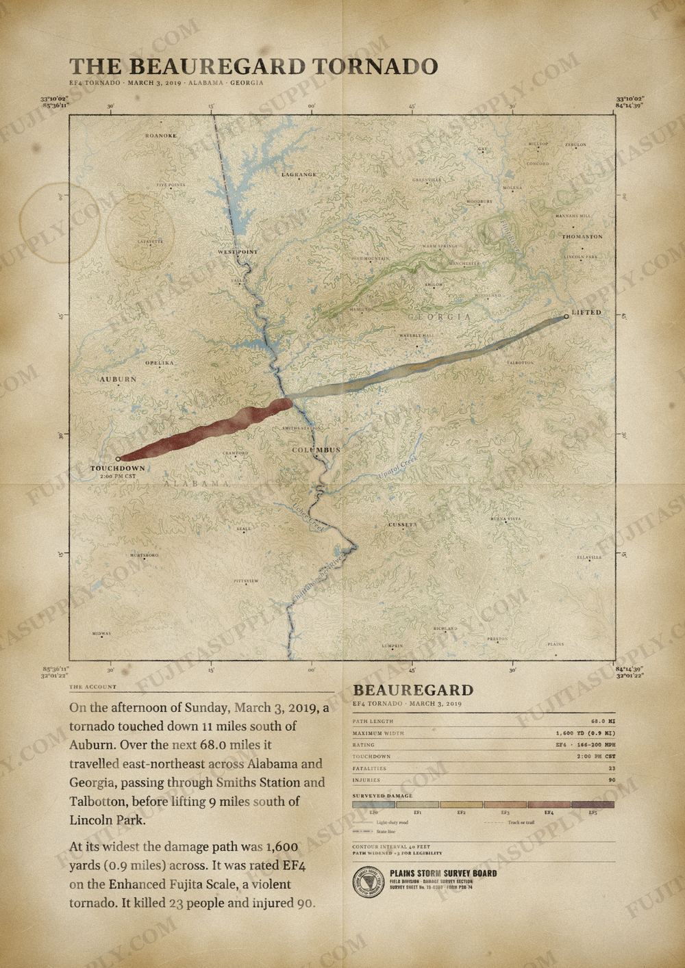 Map of the 2019 Beauregard tornado path, drawn on a vintage survey sheet