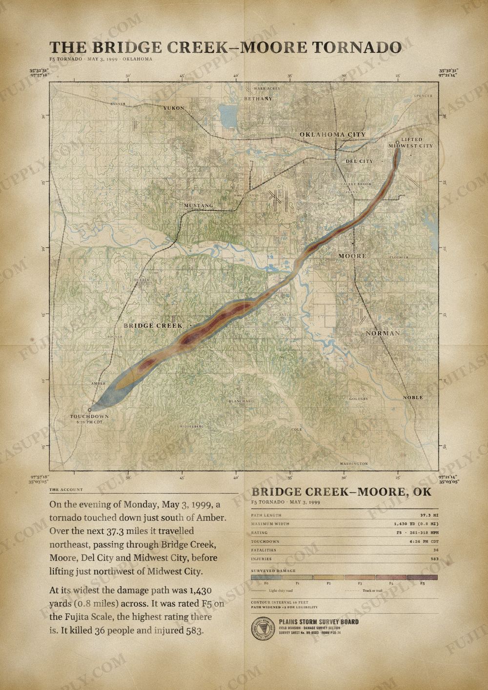 Map of the 1999 Bridge Creek-Moore tornado path, drawn on a vintage survey sheet