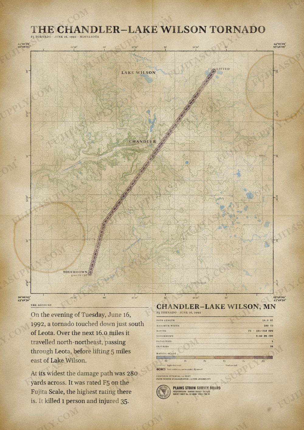 Map of the 1992 Chandler-Lake Wilson tornado path, drawn on a vintage survey sheet