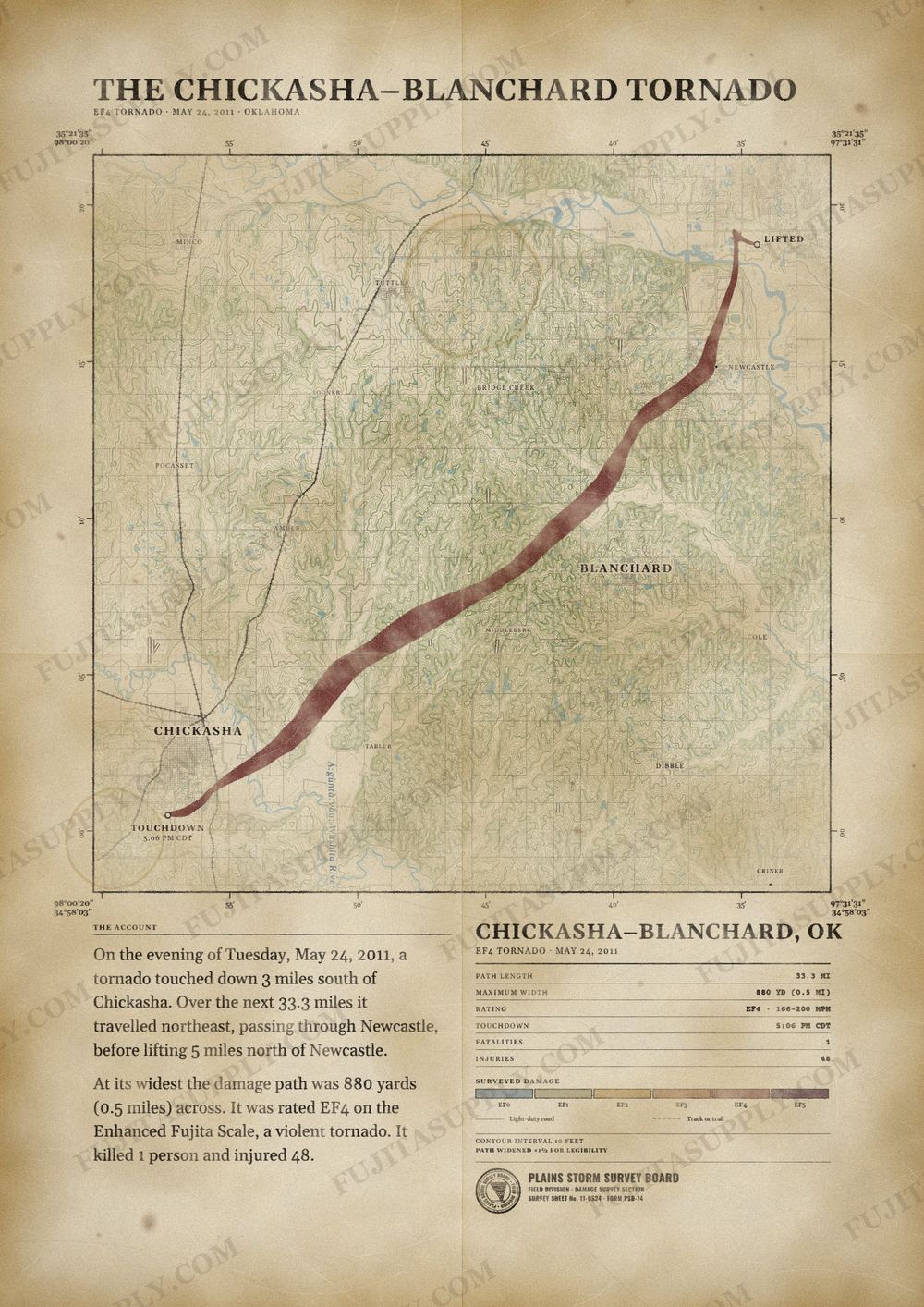 Map of the 2011 Chickasha-Blanchard tornado path, drawn on a vintage survey sheet