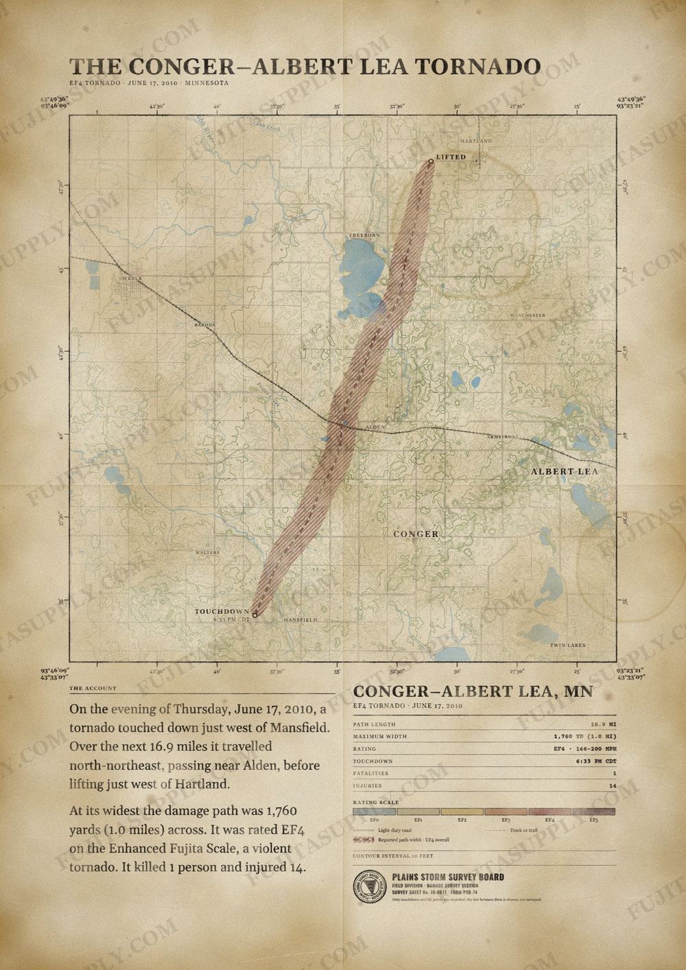 Map of the 2010 Conger-Albert Lea tornado path, drawn on a vintage survey sheet