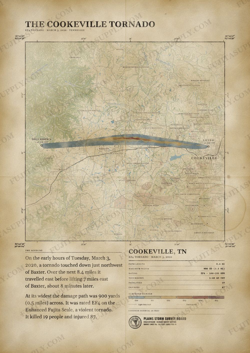 Map of the 2020 Cookeville tornado path, drawn on a vintage survey sheet