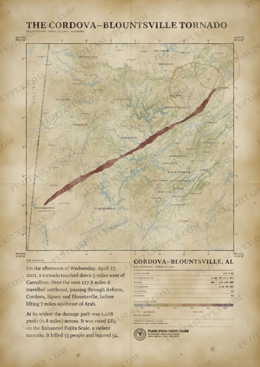 Map of the 2011 Cordova-Blountsville tornado path, drawn on a vintage survey sheet