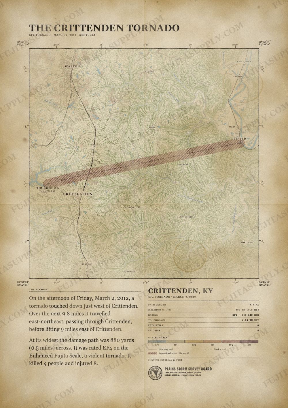 Map of the 2012 Crittenden tornado path, drawn on a vintage survey sheet