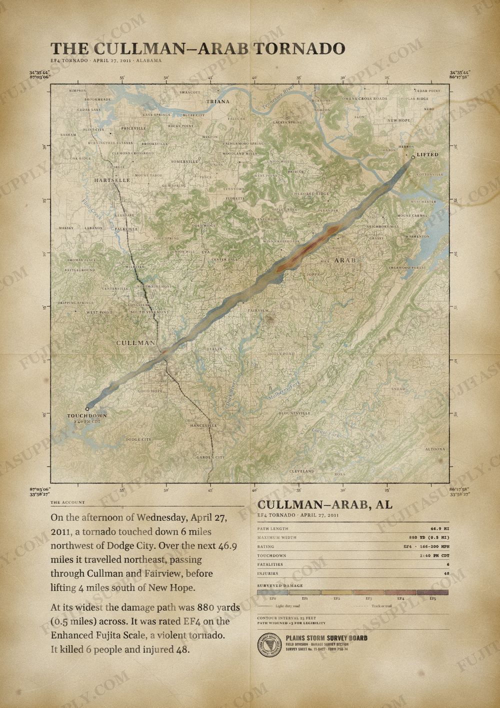 Map of the 2011 Cullman-Arab tornado path, drawn on a vintage survey sheet