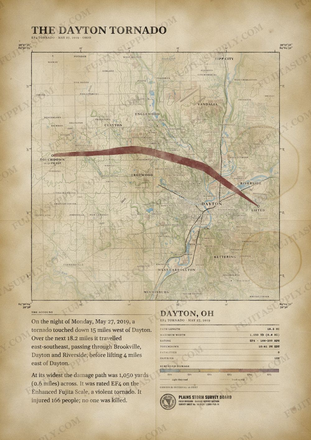 Map of the 2019 Dayton tornado path, drawn on a vintage survey sheet