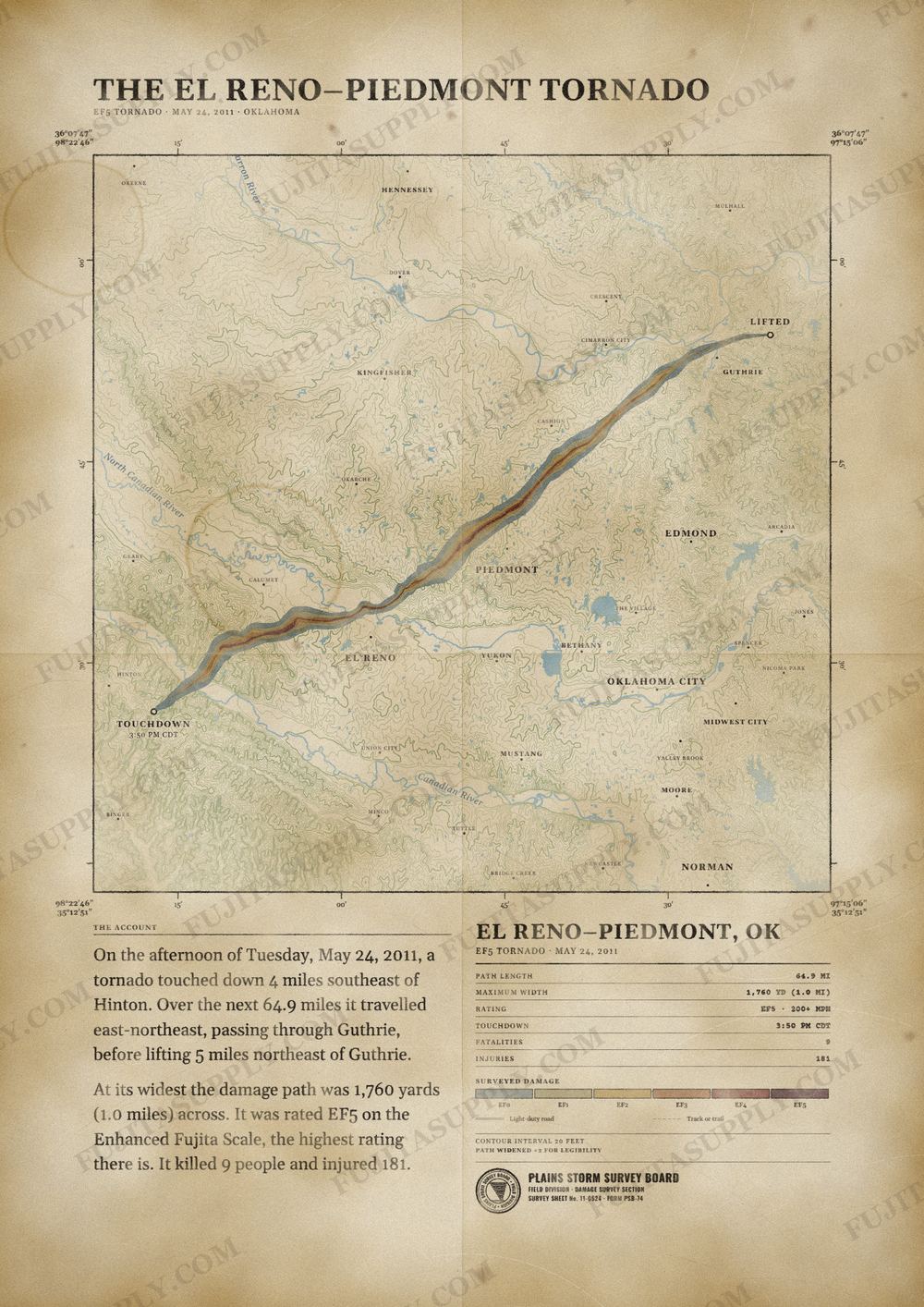 Map of the 2011 El Reno-Piedmont tornado path, drawn on a vintage survey sheet