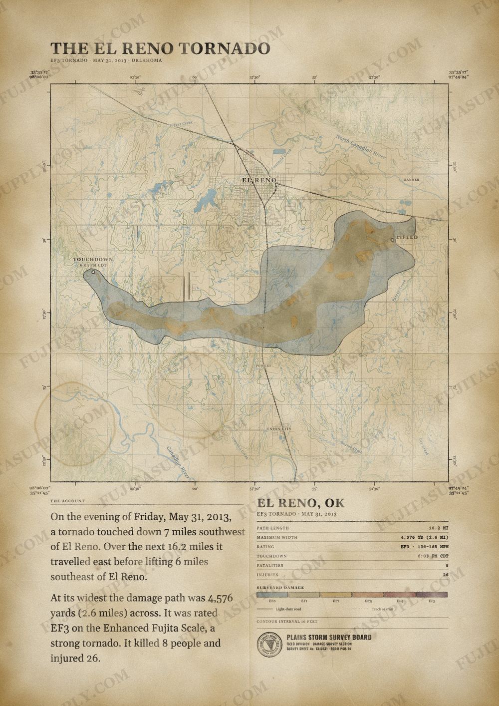 Map of the 2013 El Reno tornado path, drawn on a vintage survey sheet
