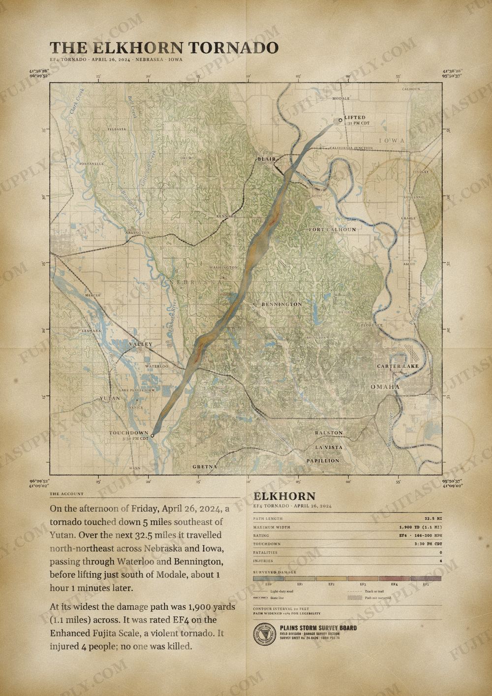 Map of the 2024 Elkhorn tornado path, drawn on a vintage survey sheet