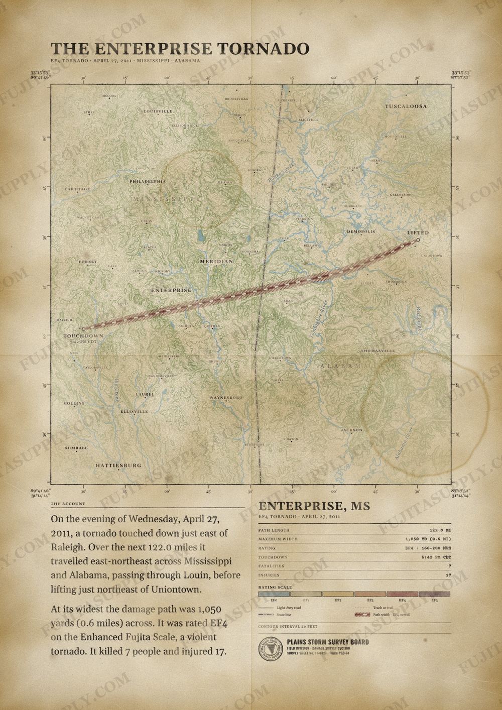 Map of the 2011 Enterprise tornado path, drawn on a vintage survey sheet