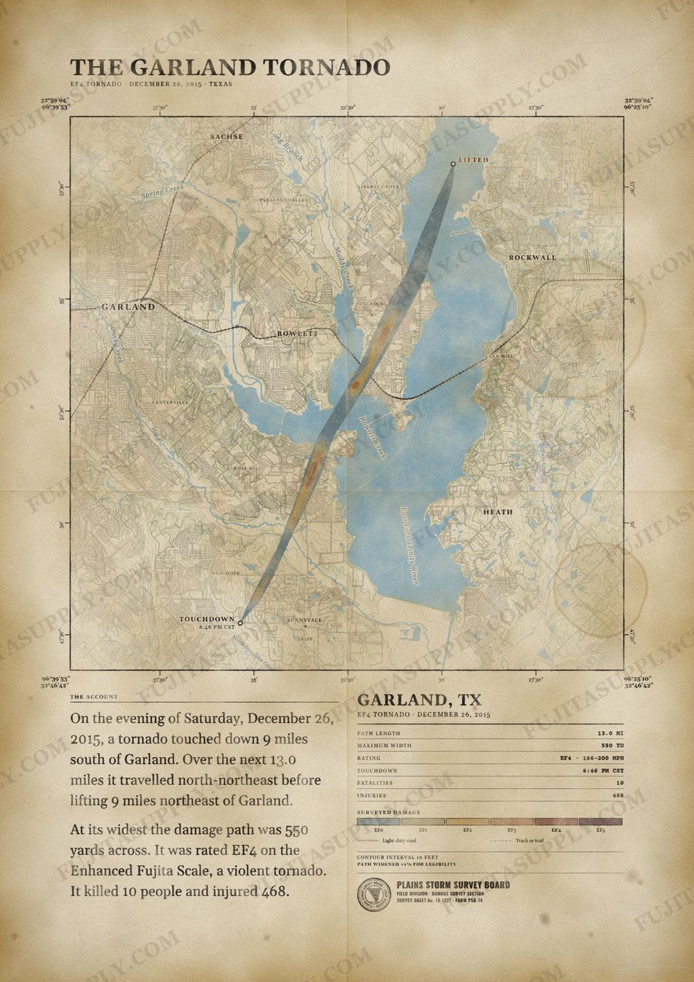 Map of the 2015 Garland tornado path, drawn on a vintage survey sheet