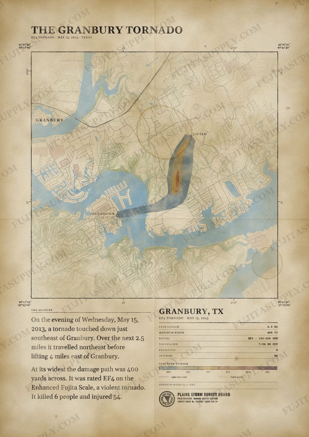 Map of the 2013 Granbury tornado path, drawn on a vintage survey sheet