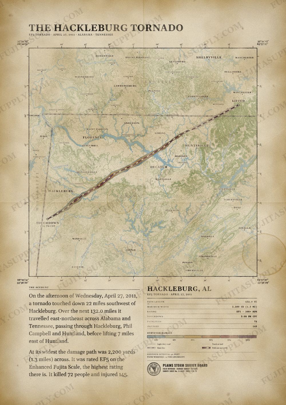Map of the 2011 Hackleburg-Phil Campbell tornado path, drawn on a vintage survey sheet