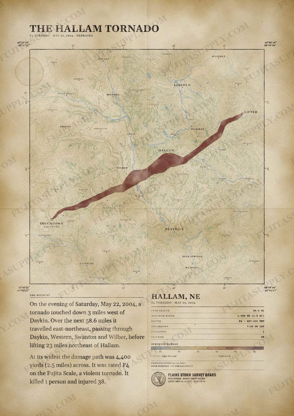 Map of the 2004 Hallam tornado path, drawn on a vintage survey sheet