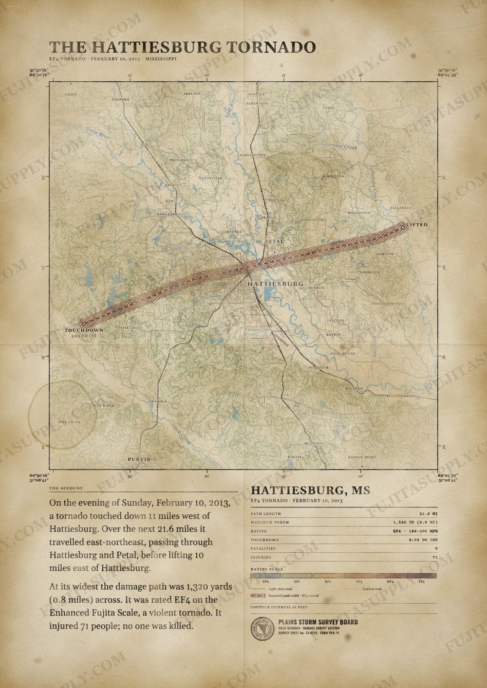 Map of the 2013 Hattiesburg tornado path, drawn on a vintage survey sheet