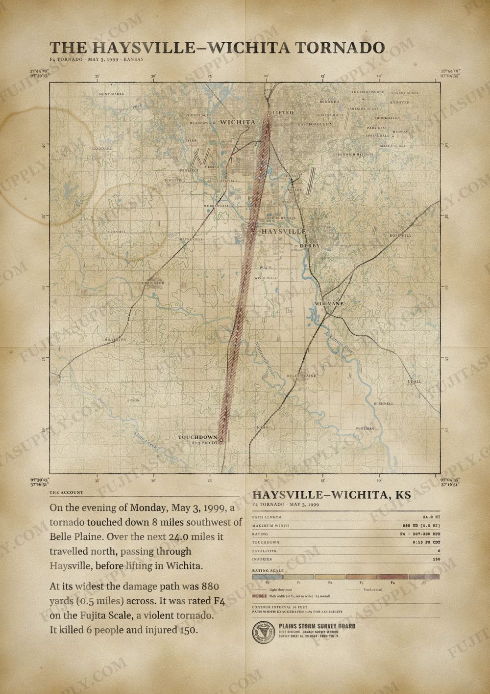 Map of the 1999 Haysville-Wichita tornado path, drawn on a vintage survey sheet