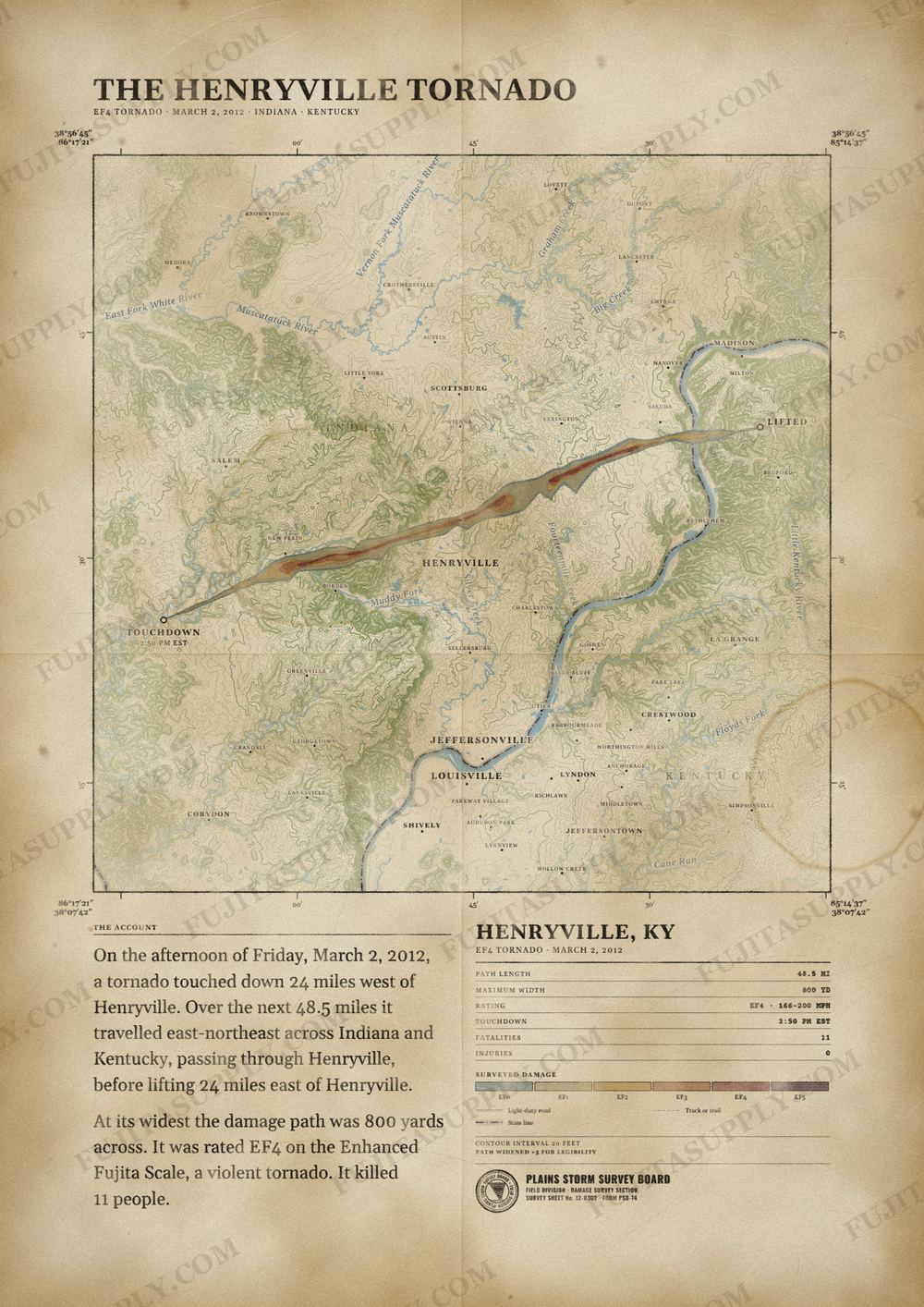 Map of the 2012 Henryville tornado path, drawn on a vintage survey sheet