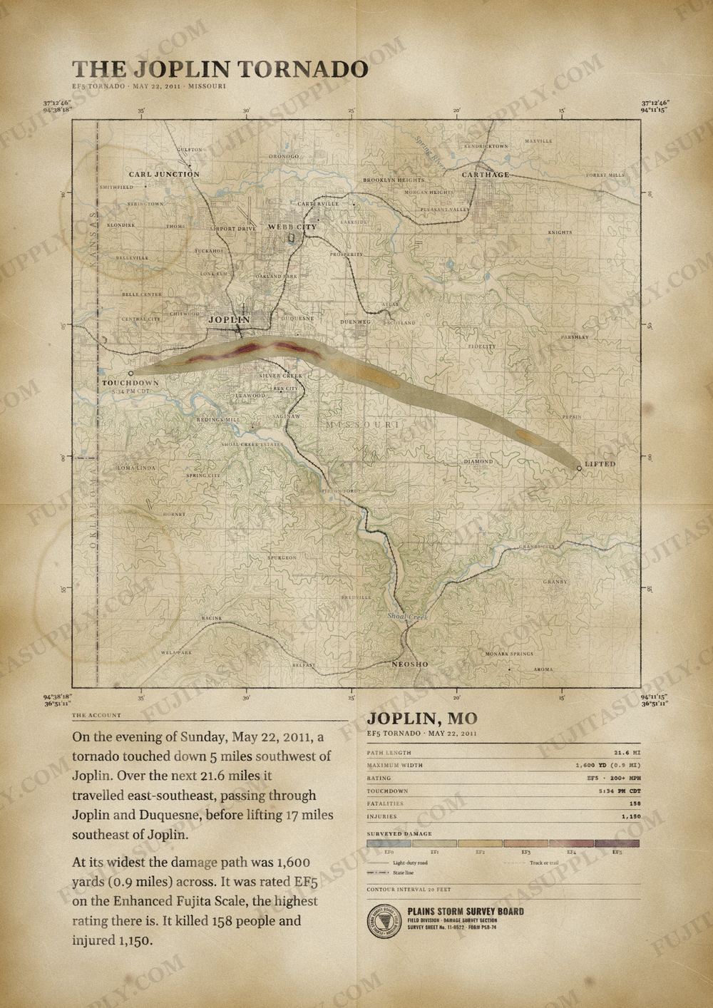 Map of the 2011 Joplin tornado path, drawn on a vintage survey sheet