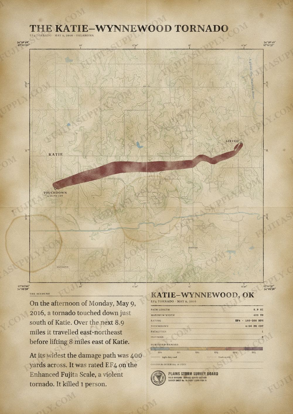 Map of the 2016 Katie-Wynnewood tornado path, drawn on a vintage survey sheet