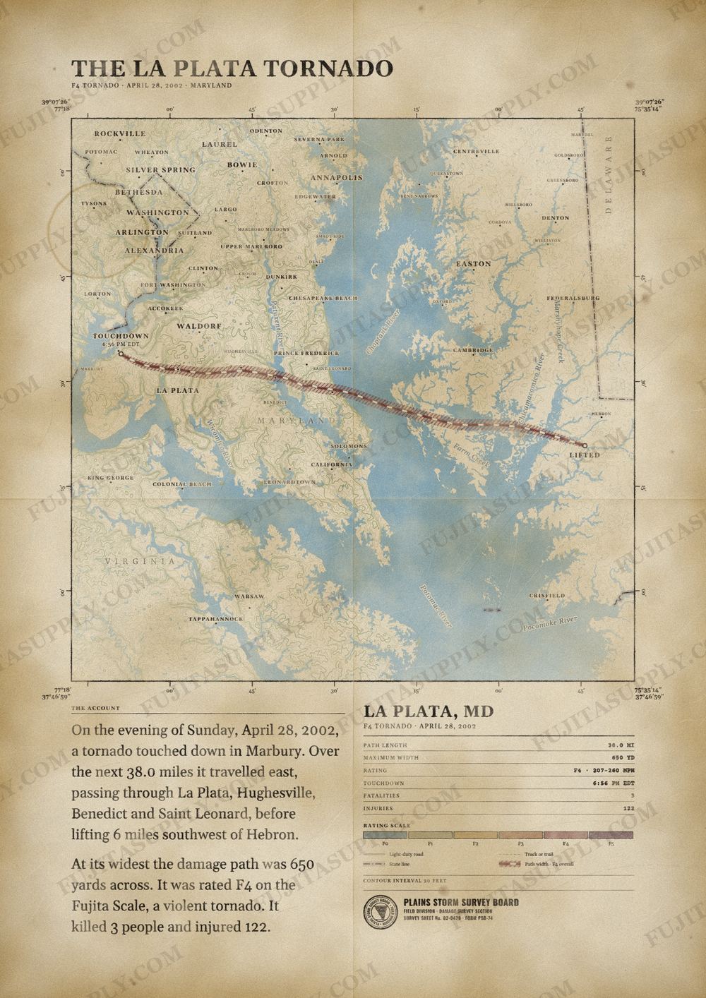 Map of the 2002 La Plata tornado path, drawn on a vintage survey sheet