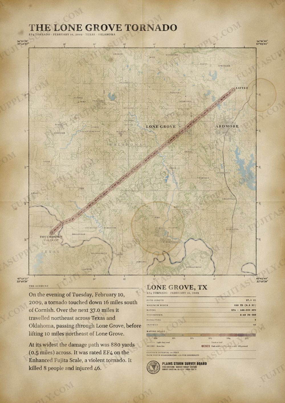 Map of the 2009 Lone Grove tornado path, drawn on a vintage survey sheet
