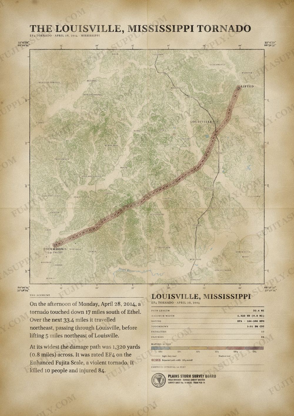 Map of the 2014 Louisville, Mississippi tornado path, drawn on a vintage survey sheet