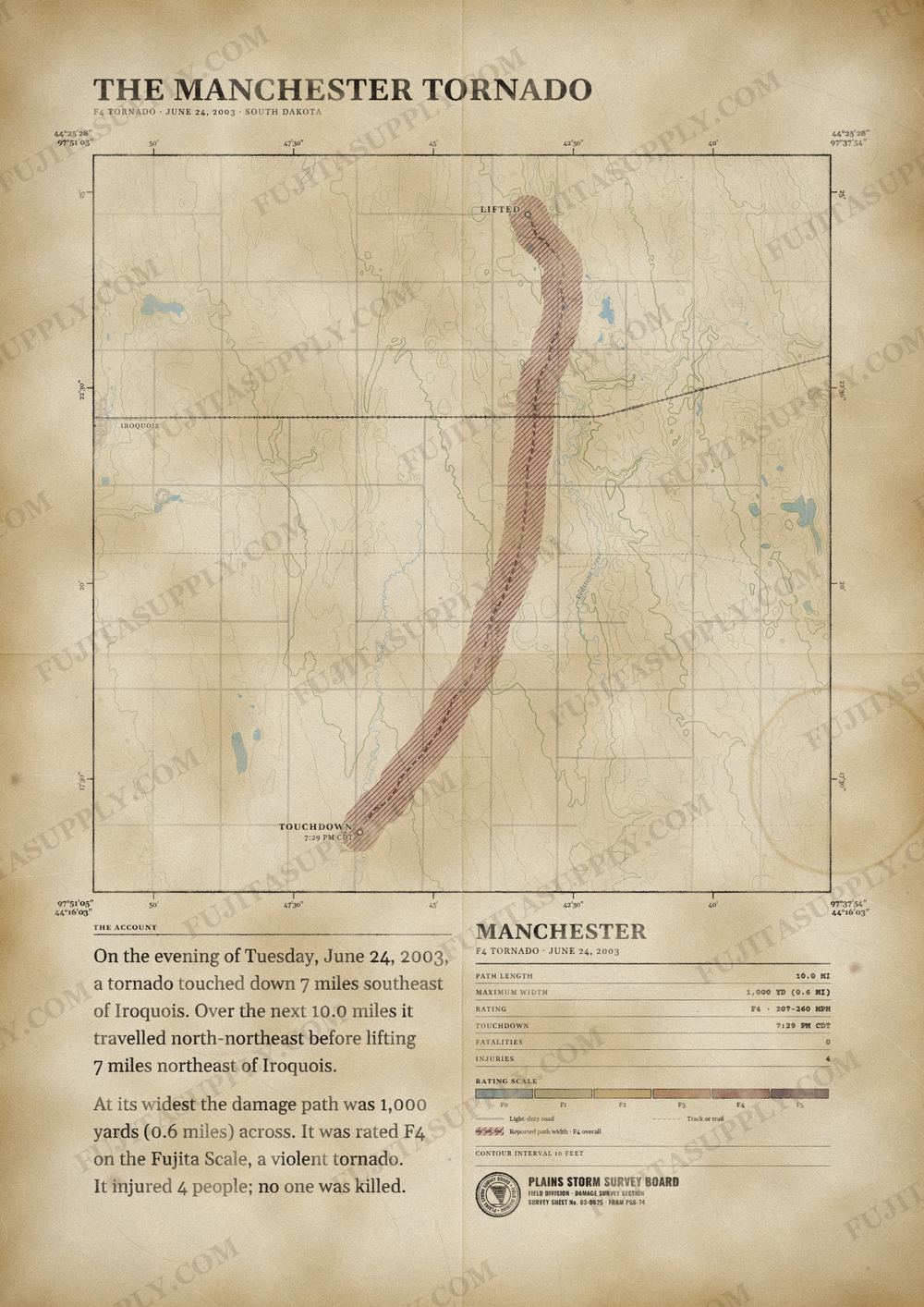 Map of the 2003 Manchester tornado path, drawn on a vintage survey sheet