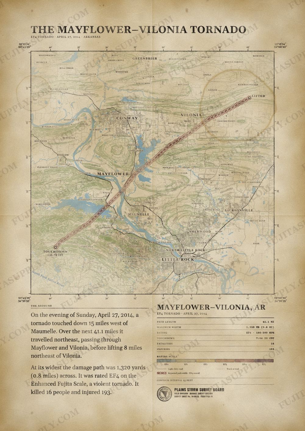 Map of the 2014 Mayflower-Vilonia tornado path, drawn on a vintage survey sheet