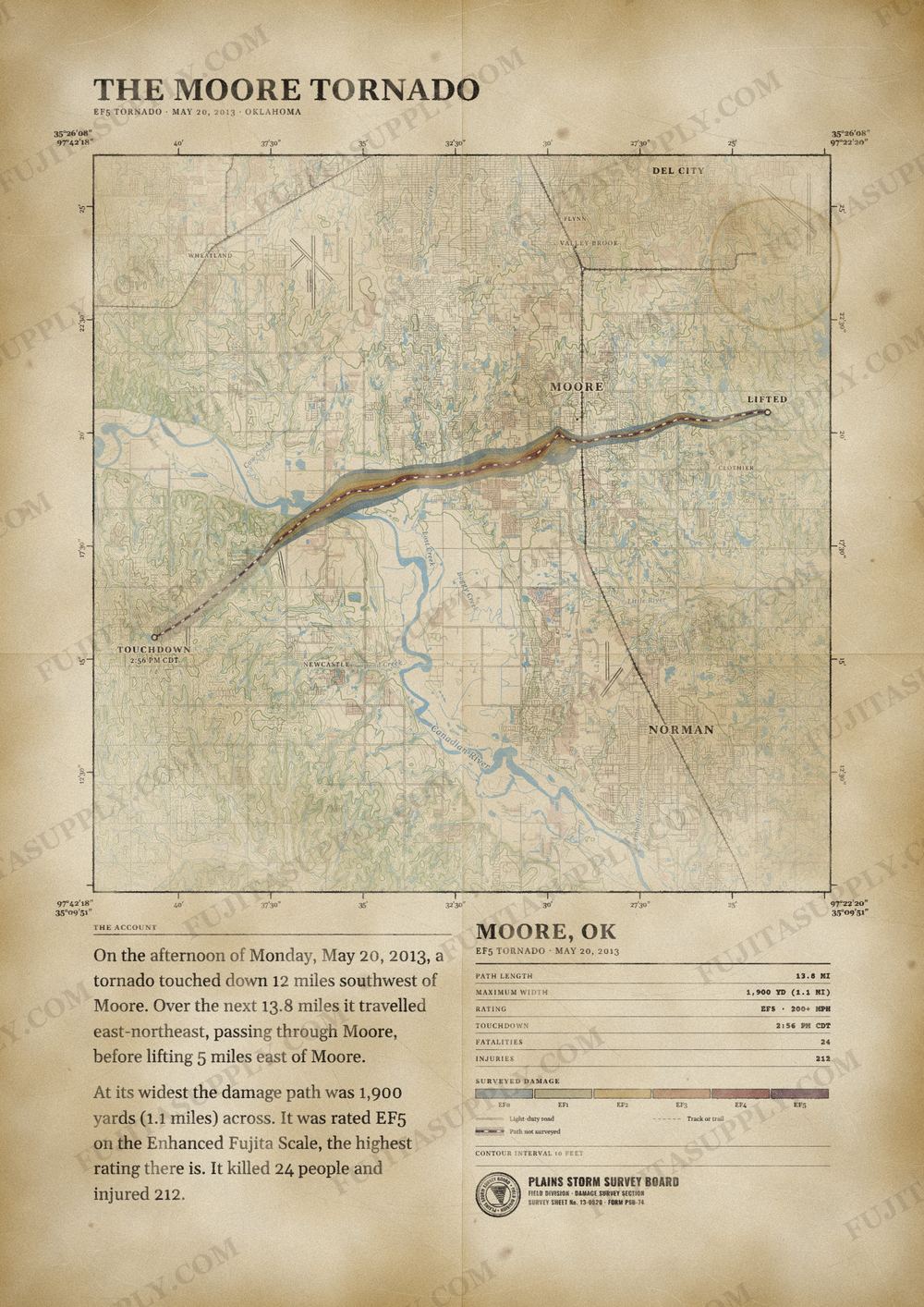 Map of the 2013 Moore tornado path, drawn on a vintage survey sheet