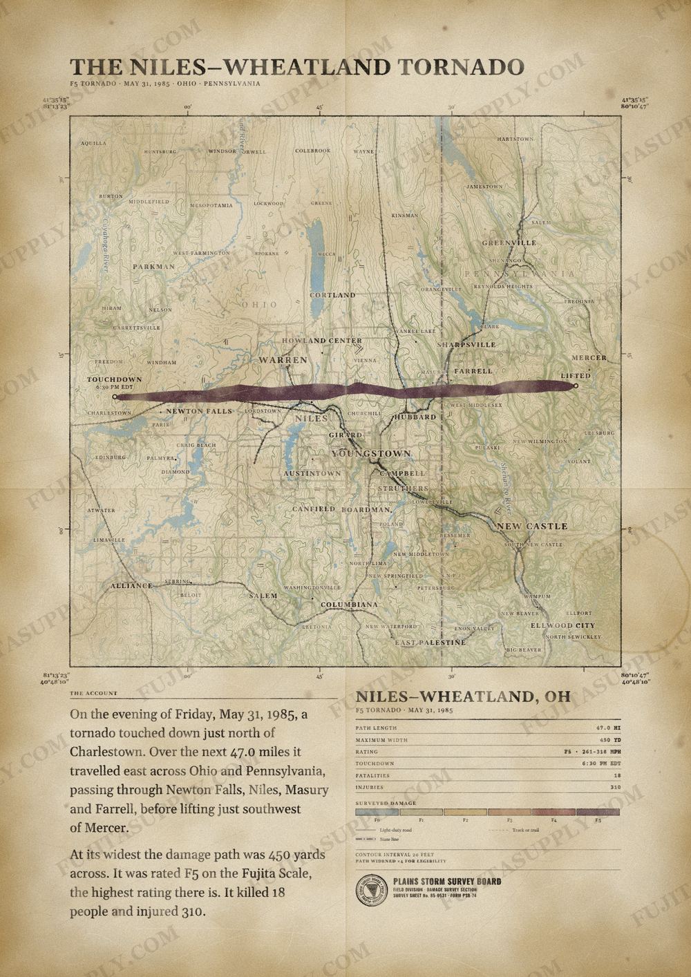 Map of the 1985 Niles-Wheatland tornado path, drawn on a vintage survey sheet