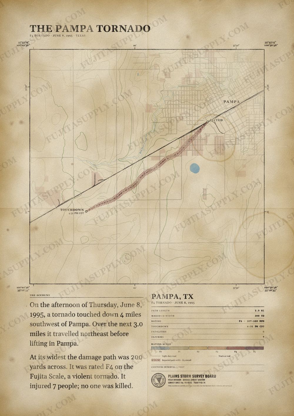 Map of the 1995 Pampa tornado path, drawn on a vintage survey sheet