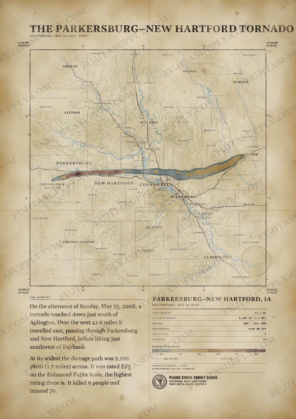 Map of the 2008 Parkersburg-New Hartford tornado path, drawn on a vintage survey sheet