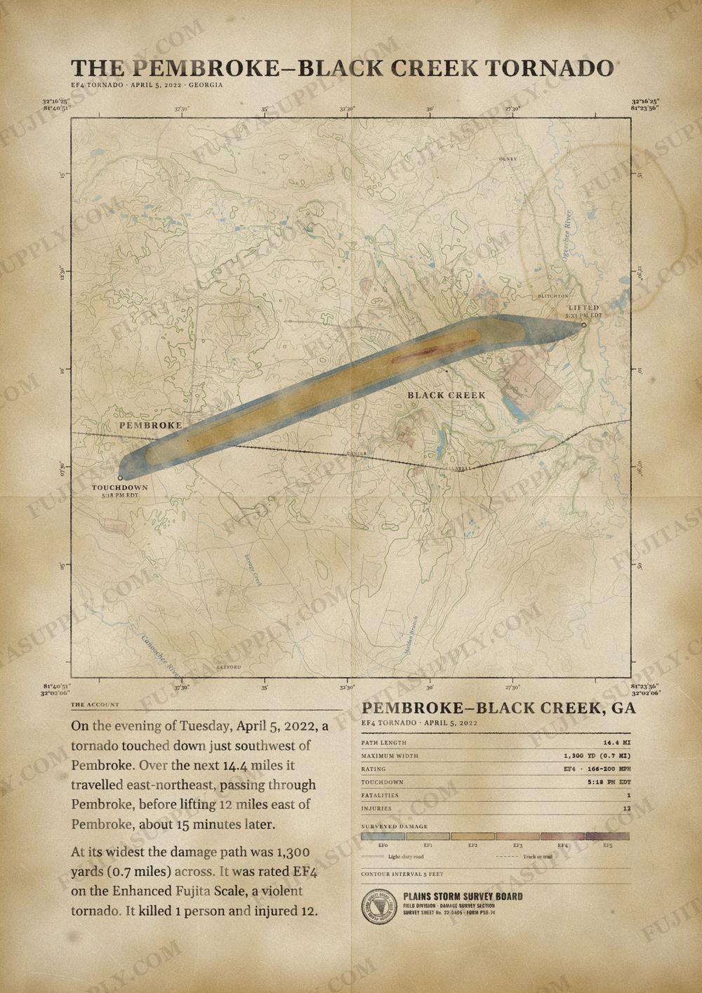 Map of the 2022 Pembroke-Black Creek tornado path, drawn on a vintage survey sheet