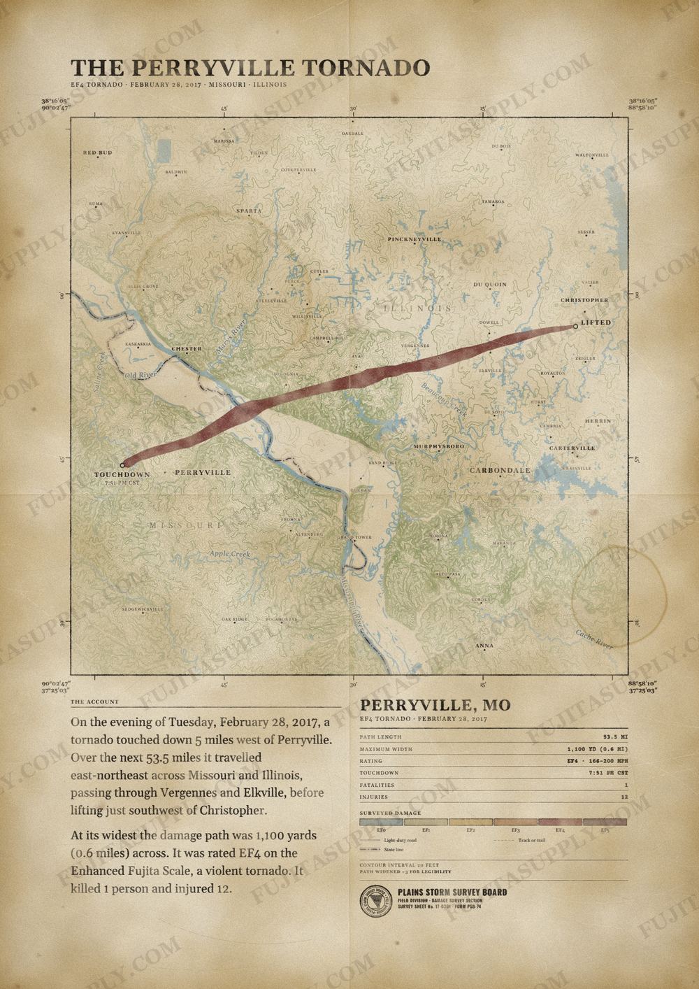Map of the 2017 Perryville tornado path, drawn on a vintage survey sheet