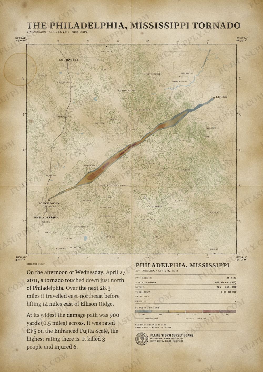 Map of the 2011 Philadelphia, Mississippi tornado path, drawn on a vintage survey sheet